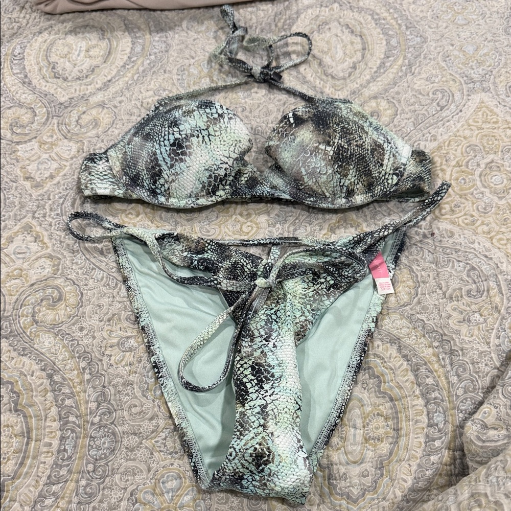 Victoria's Secret Mint and Black Snake-Print Tie Bikini